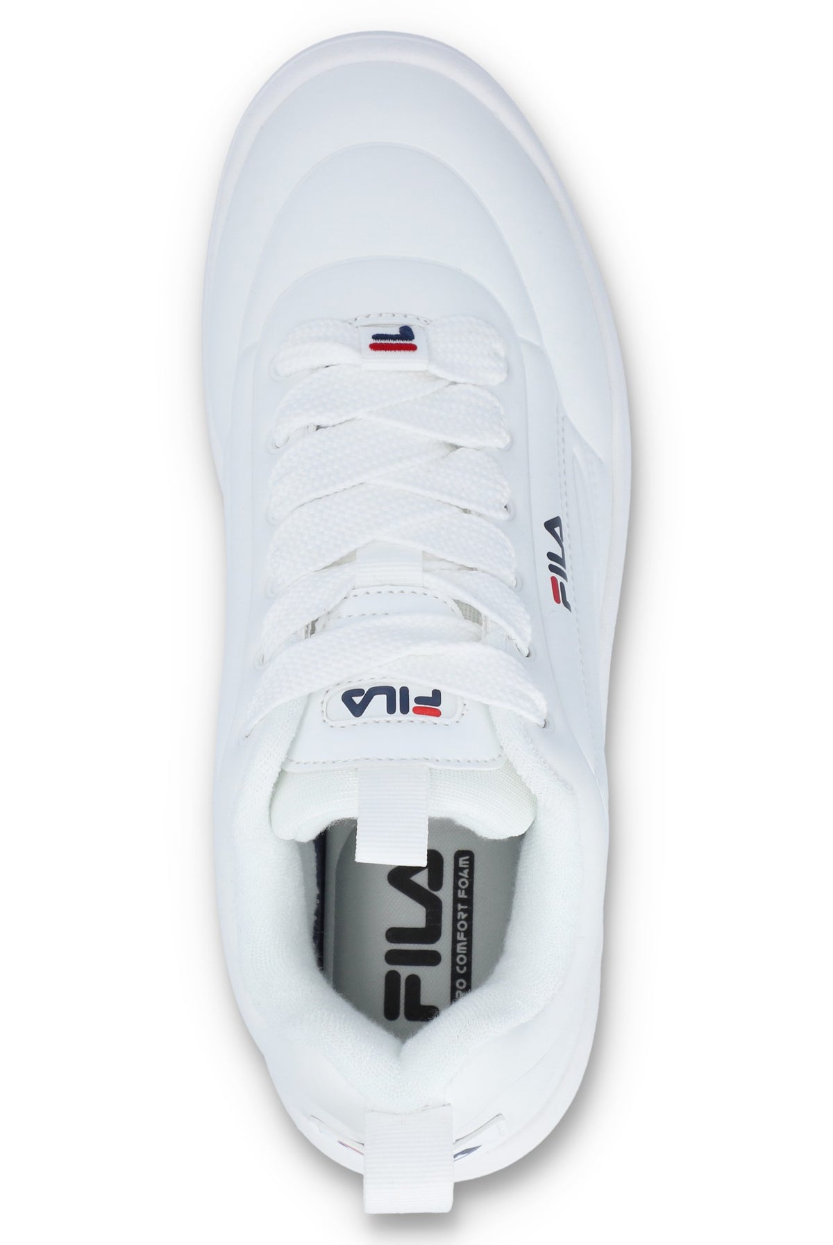 A white FILA Superbubble trainer with a chunky sole and FILA logo on the side.