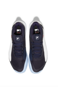 A pair of FILA Mondo Forza Tennis Trainers in white and navy colour scheme.