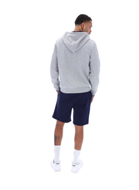 Man wearing a Grey Marl zip-through hoodie on a white background