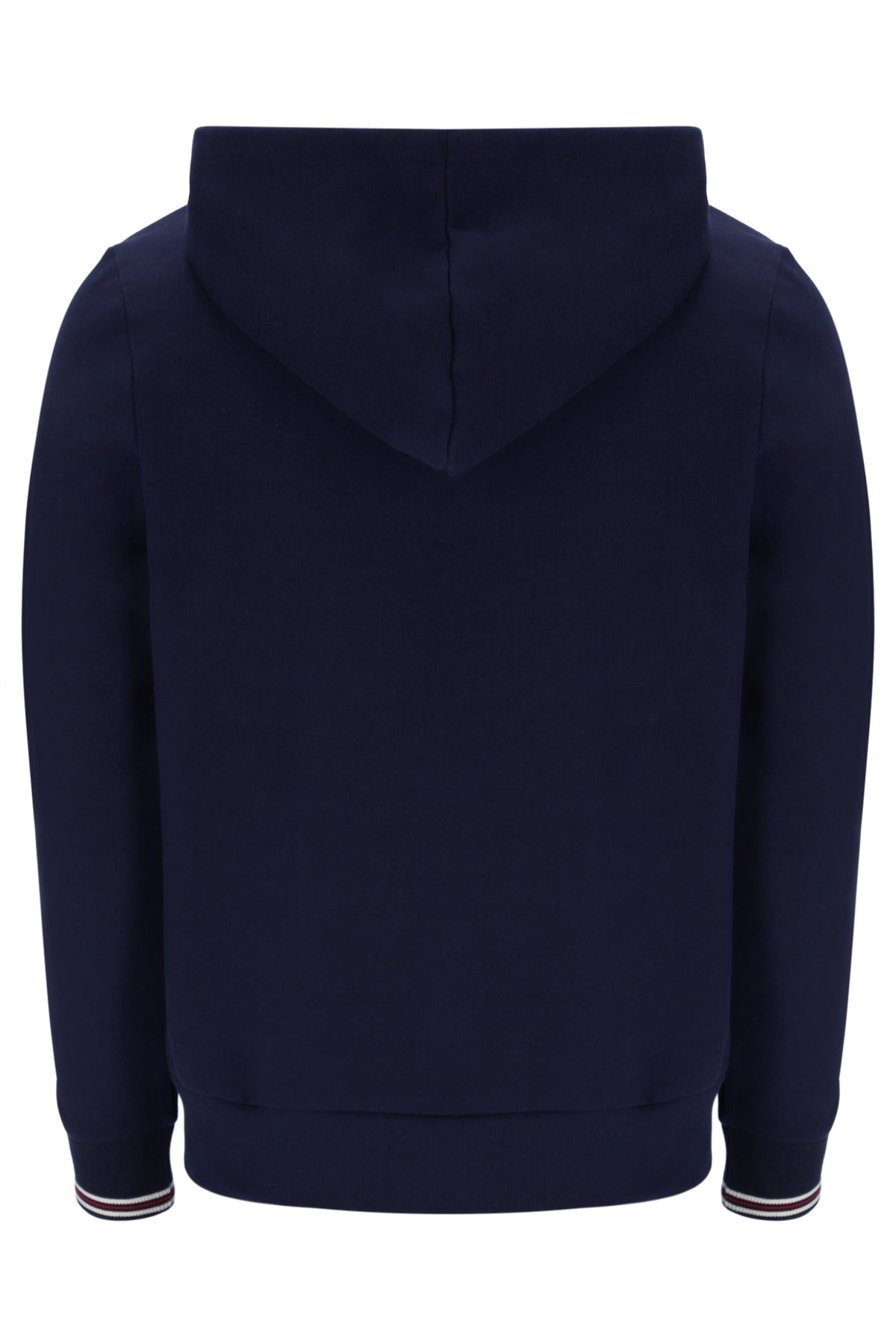 A male model wearing a navy blue zip-up hoodie with the FILA logo on the chest.