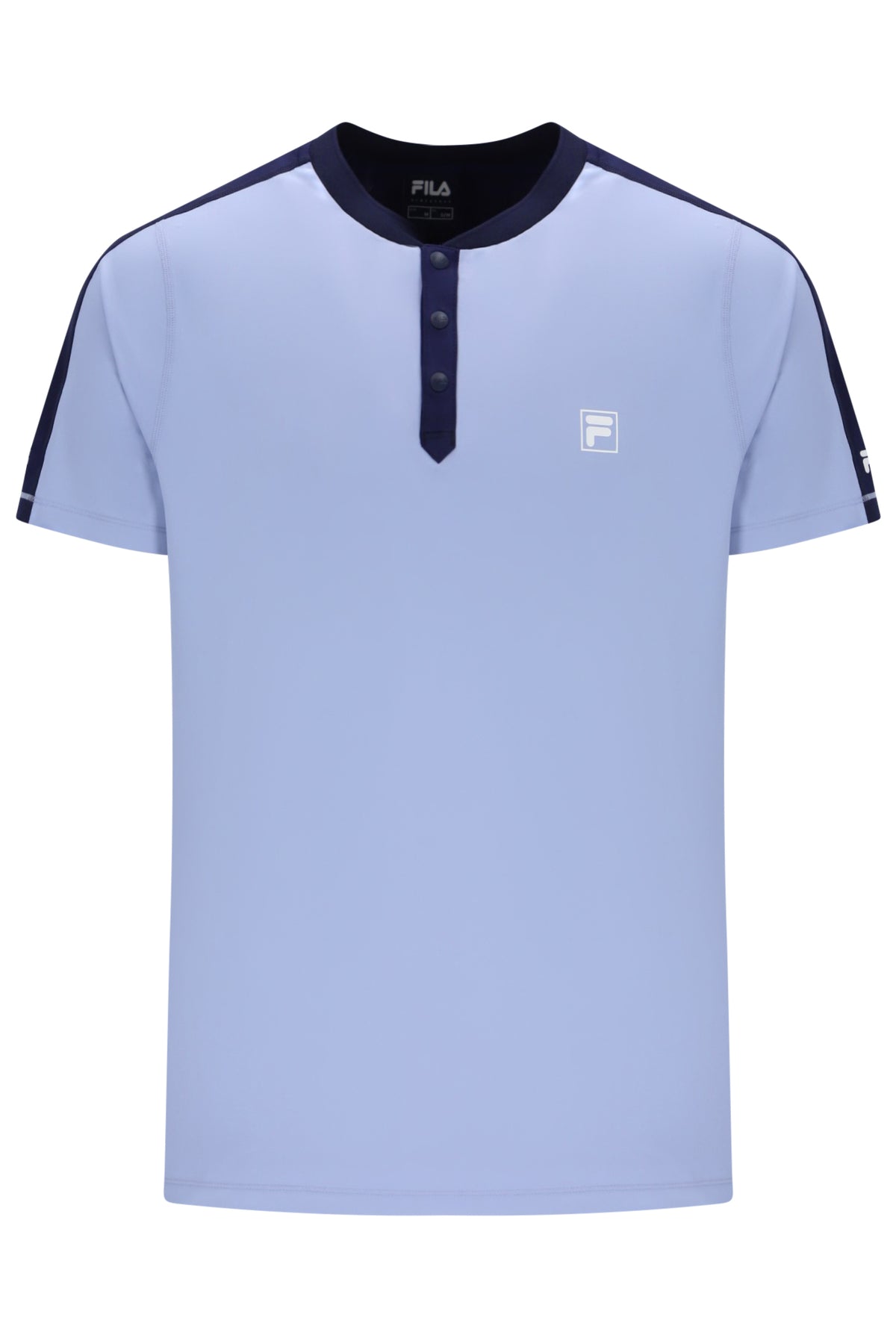 Displays the Blue 'FILA' branded Men’s Henry Neck Tennis T-Shirt