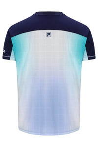 Displays the Blue 'FILA' branded Men’s Henry Neck Tennis T-Shirt