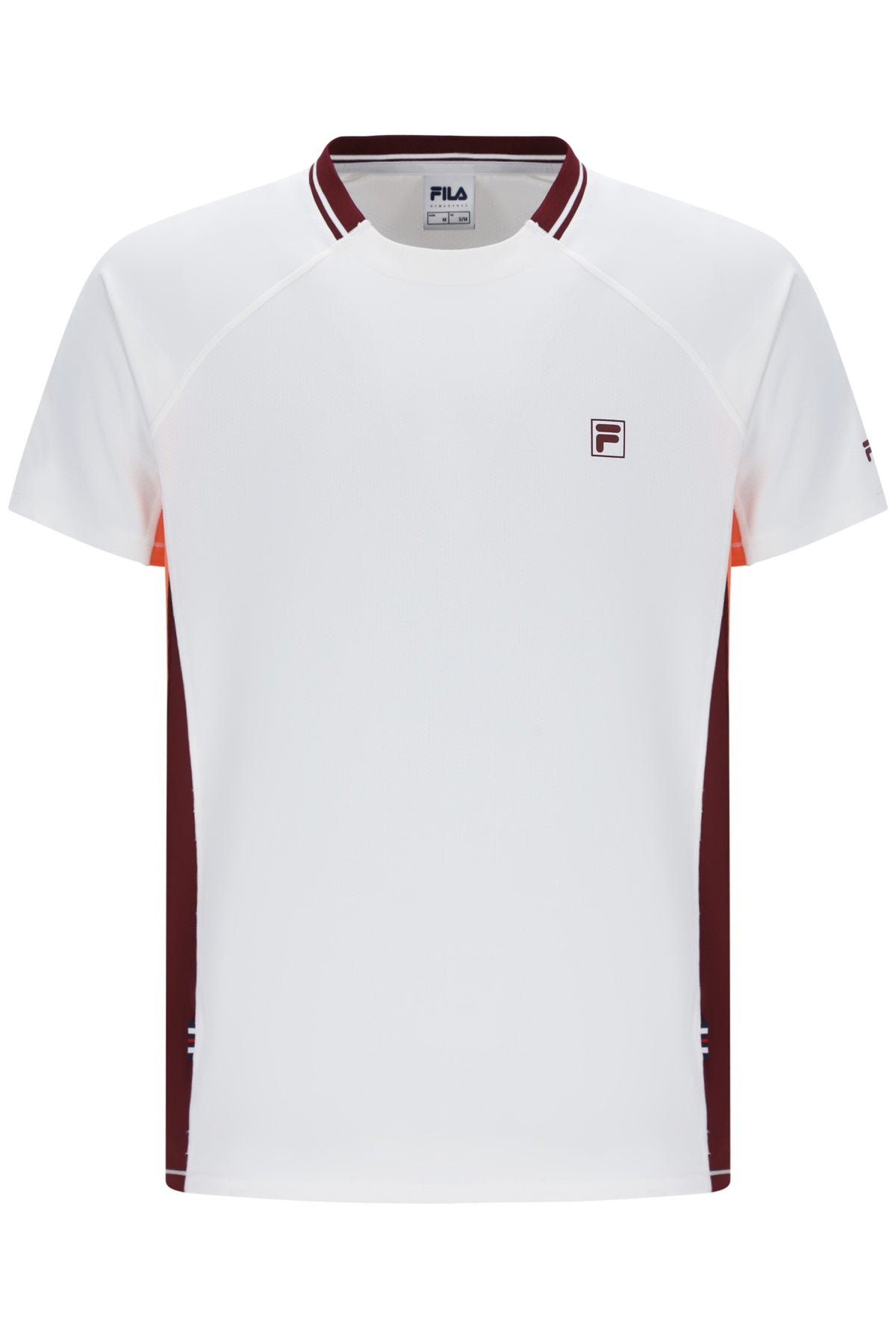 Displays the White 'FILA' branded Men’s Round Neck Tennis T-Shirt