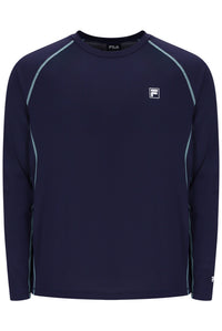 Displays the Navy 'FILA' branded Men's Long Sleeve Tennis T-Shirt