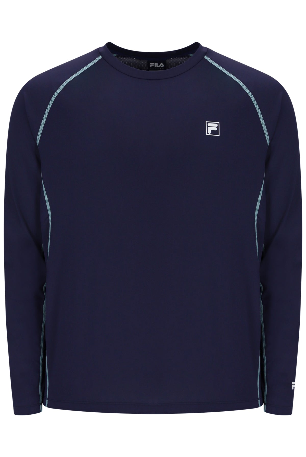 Displays the Navy 'FILA' branded Men's Long Sleeve Tennis T-Shirt