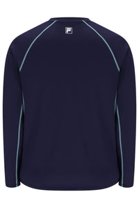 Displays the Navy 'FILA' branded Men's Long Sleeve Tennis T-Shirt