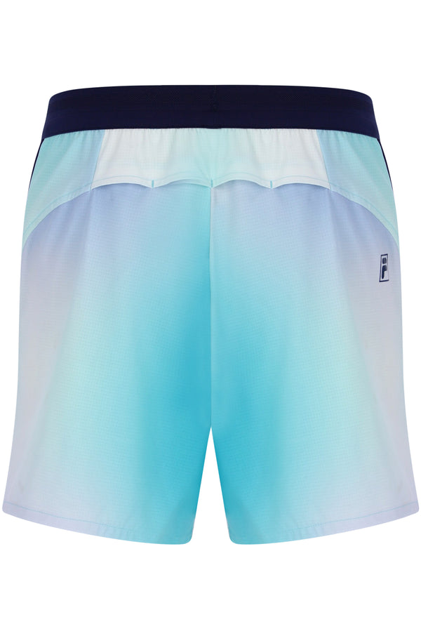 Displays the Aqua 'FILA' branded Men’s 5" Tennis Shorts with Inner
