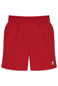 Displays the Red 'FILA' branded Men’s 5" Tennis Shorts with Inner