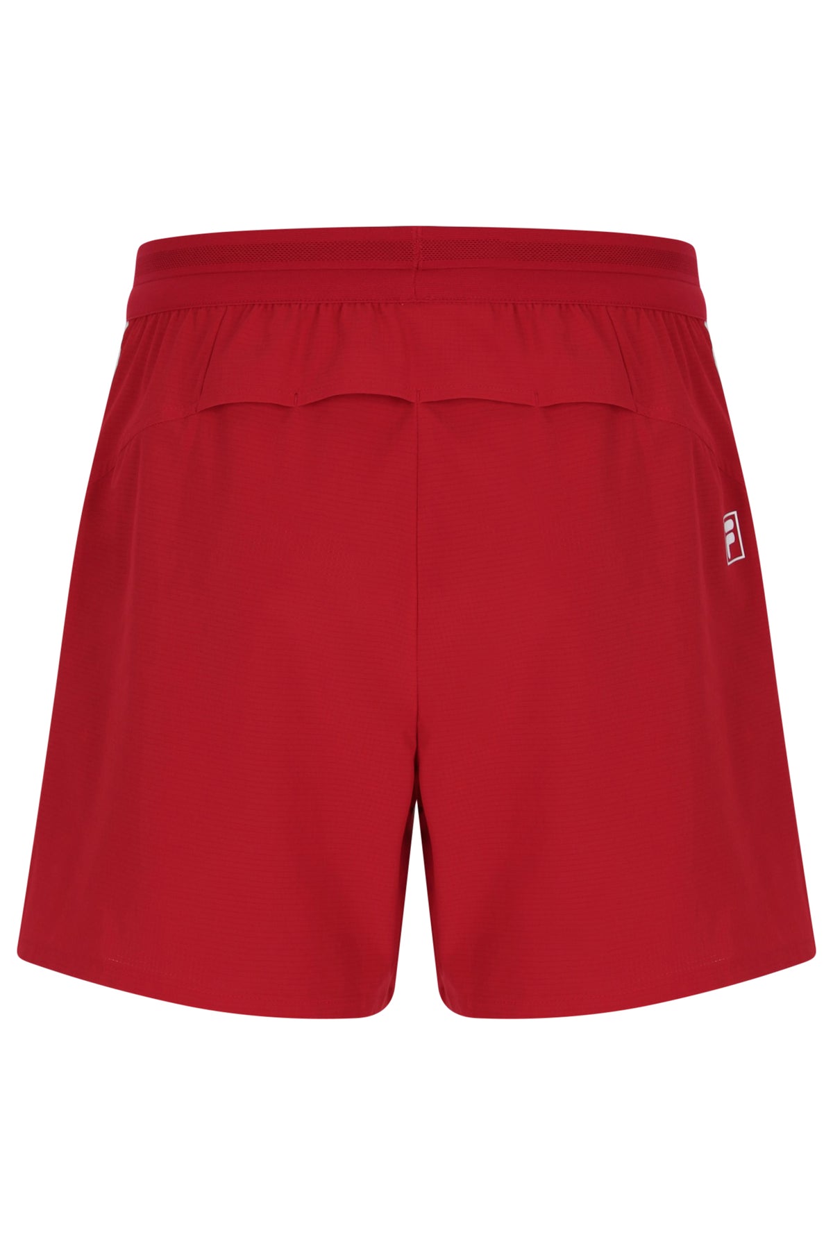 Displays the Red 'FILA' branded Men’s 5" Tennis Shorts with Inner