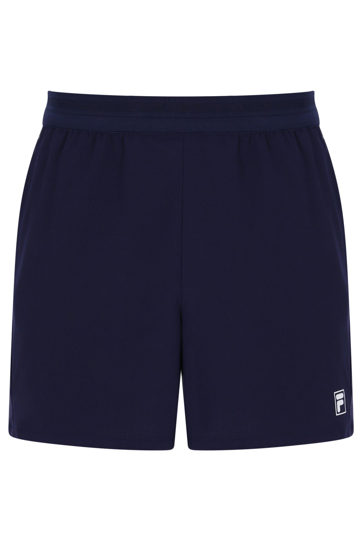 Displays the Dark Navy 'FILA' branded Men’s 5" Tennis Shorts with Inner