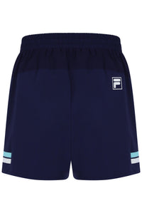 Displays the Dark Navy 'FILA' branded Men’s 5" Tennis Shorts