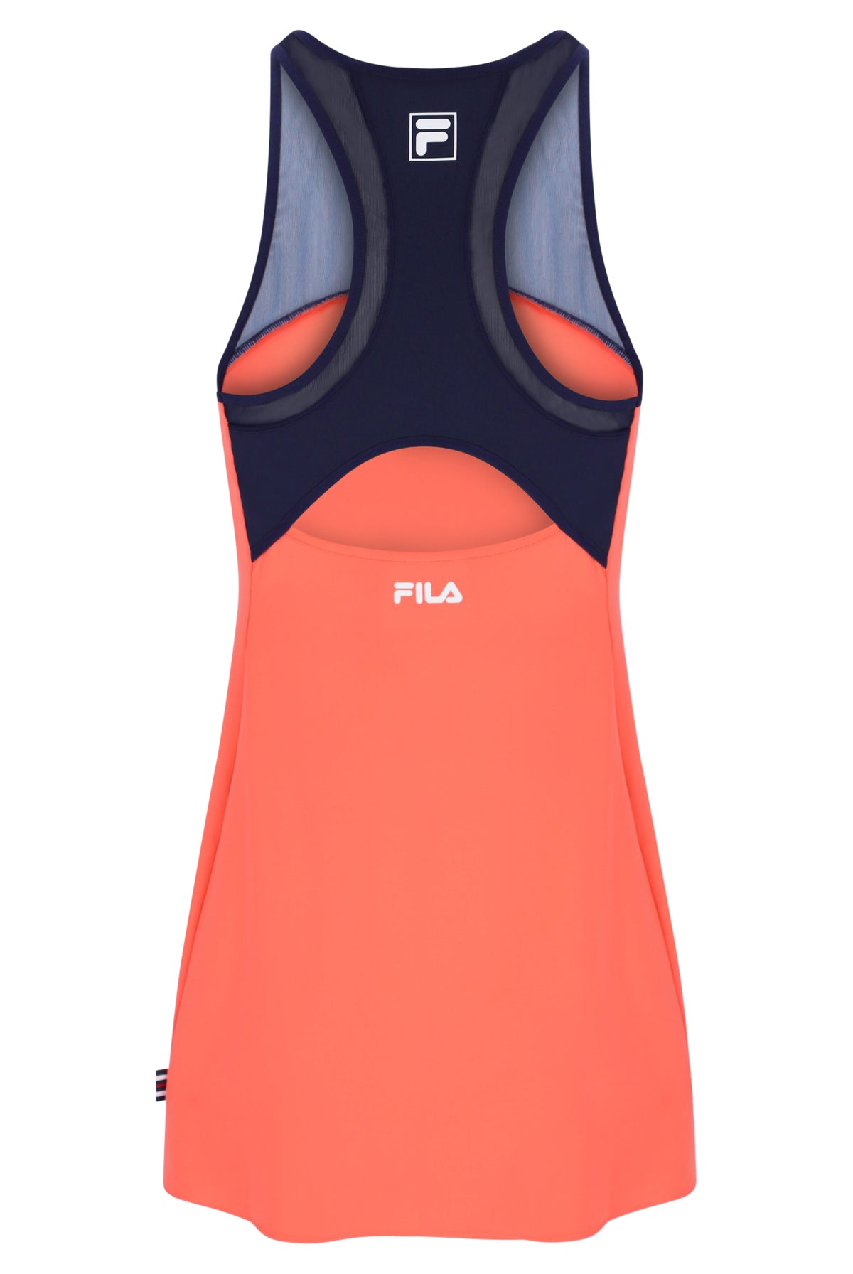 Displays the Neon Orange 'FILA' branded Women’s Jersey Dress with Inner Shorts