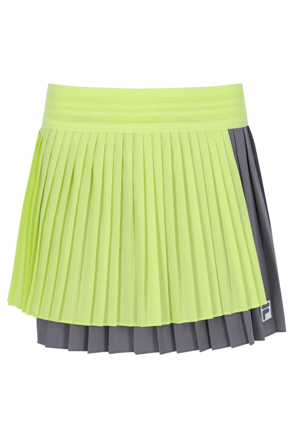 Displays a Lemon 'FILA' branded Women’s Pleated Wrap Tennis Skirt
