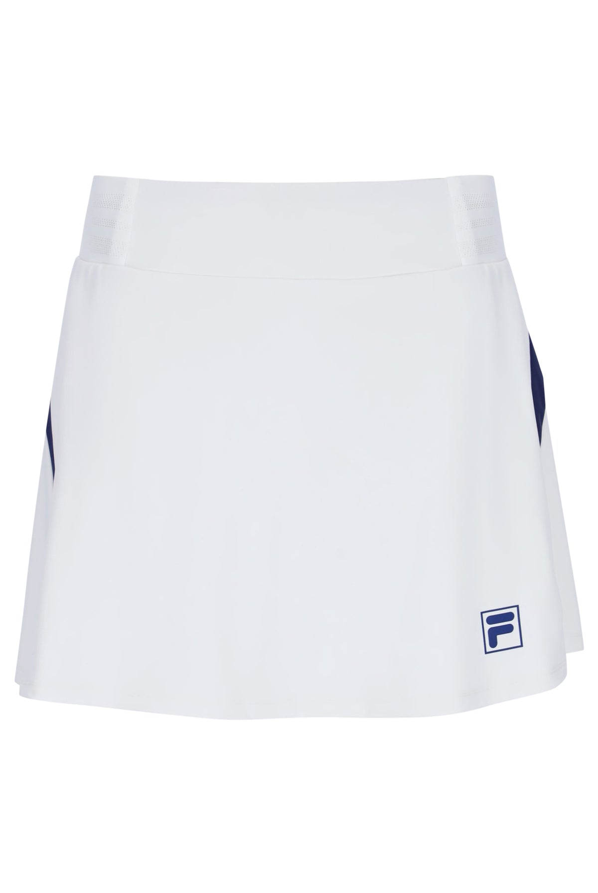 Displays the 'FILA' branded Off White Women’s Jersey Flare Tennis Skirt