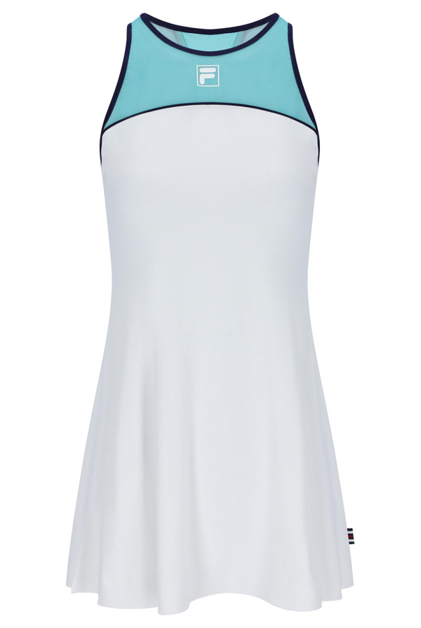 Displays the Aqua 'FILA' branded Women’s Jersey Dress with Inner Shorts