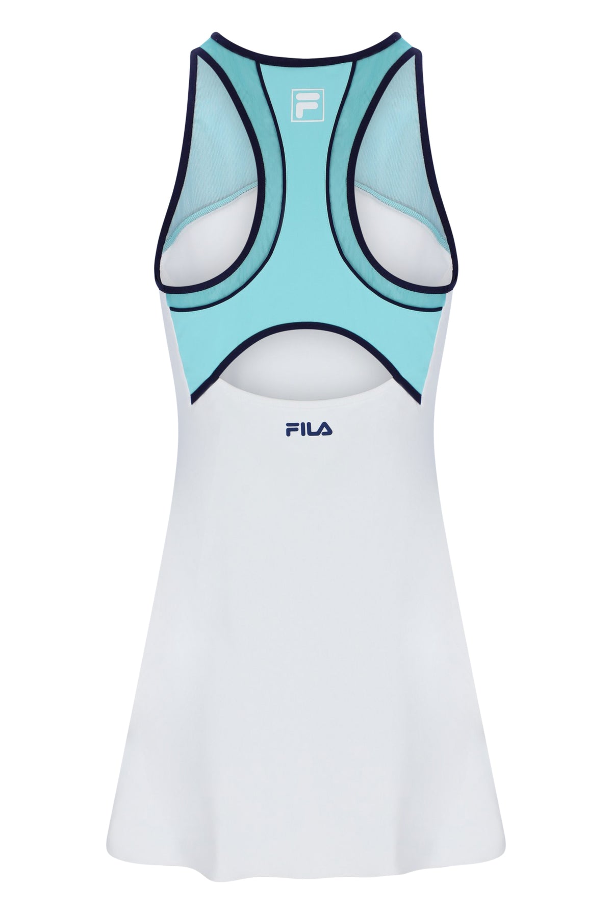 Displays the Aqua 'FILA' branded Women’s Jersey Dress with Inner Shorts