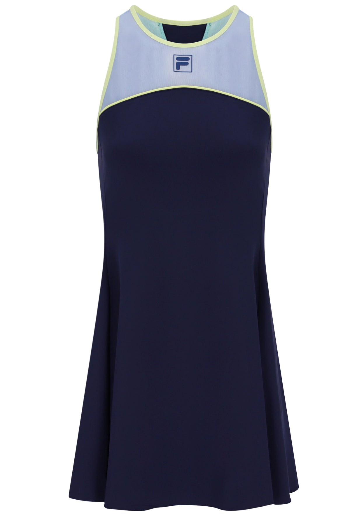 Displays the Dark Navy 'FILA' branded Women’s Jersey Dress with Inner Shorts