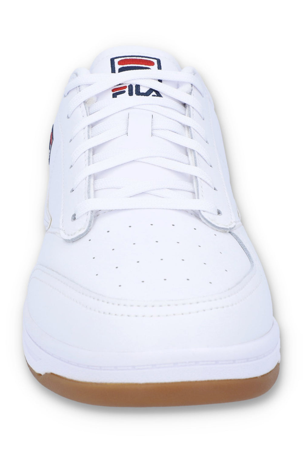 White sneaker with brown sole on a white background