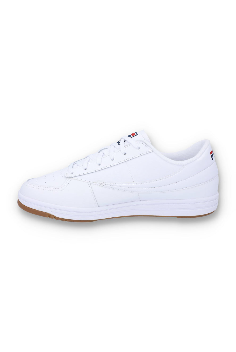 White sneaker with a small red and blue logo on a white background