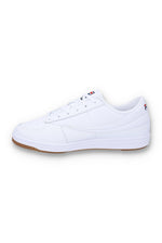 White sneaker with a small red and blue logo on a white background