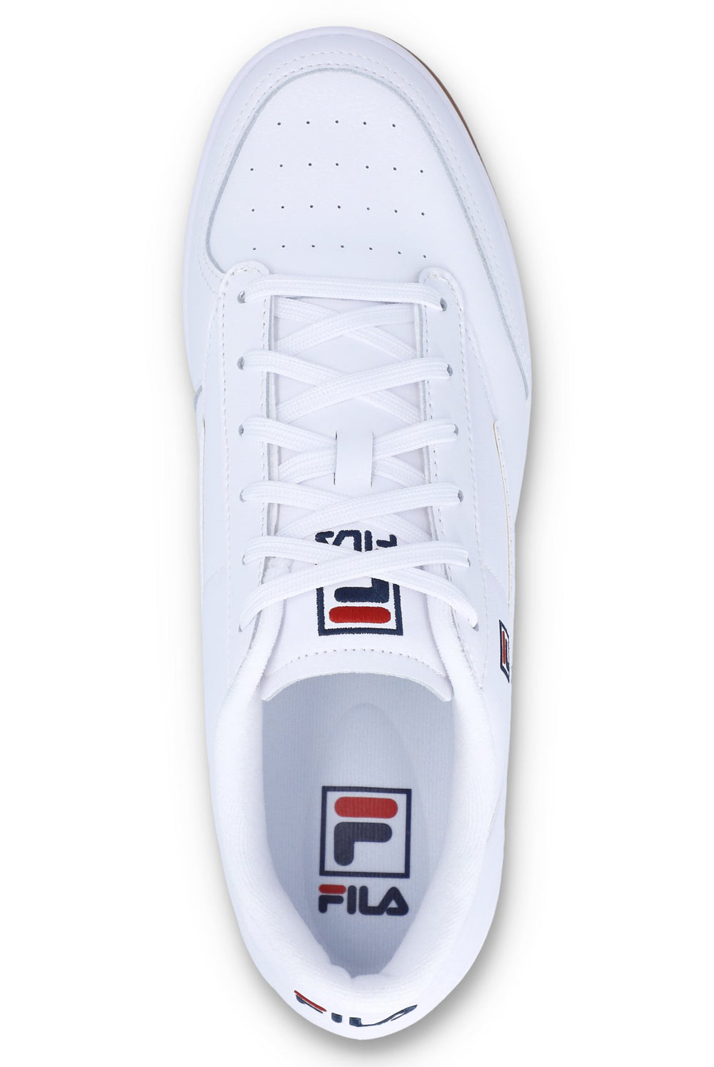 White sneaker with Fila logo on a white background