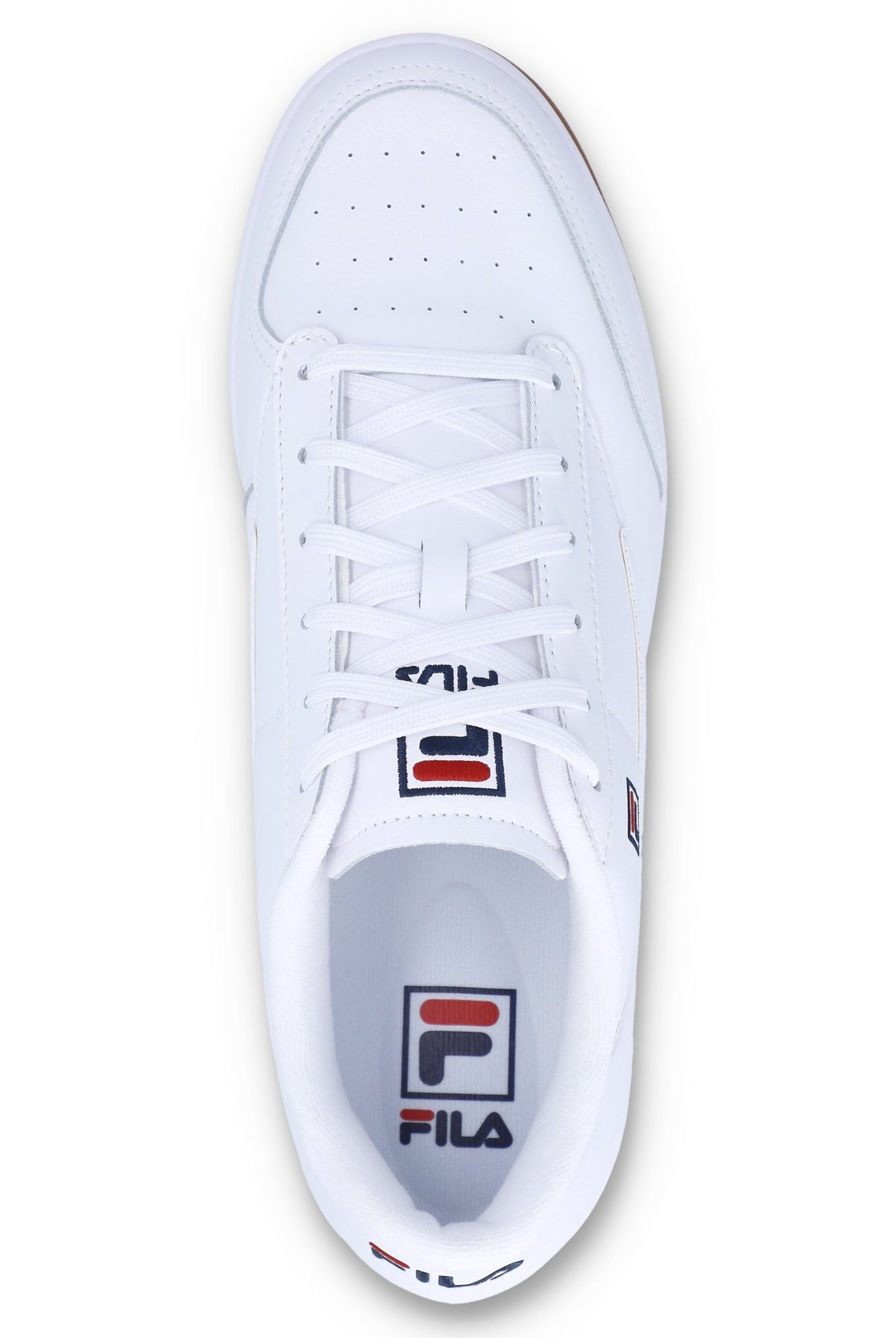 White sneaker with Fila logo on a white background