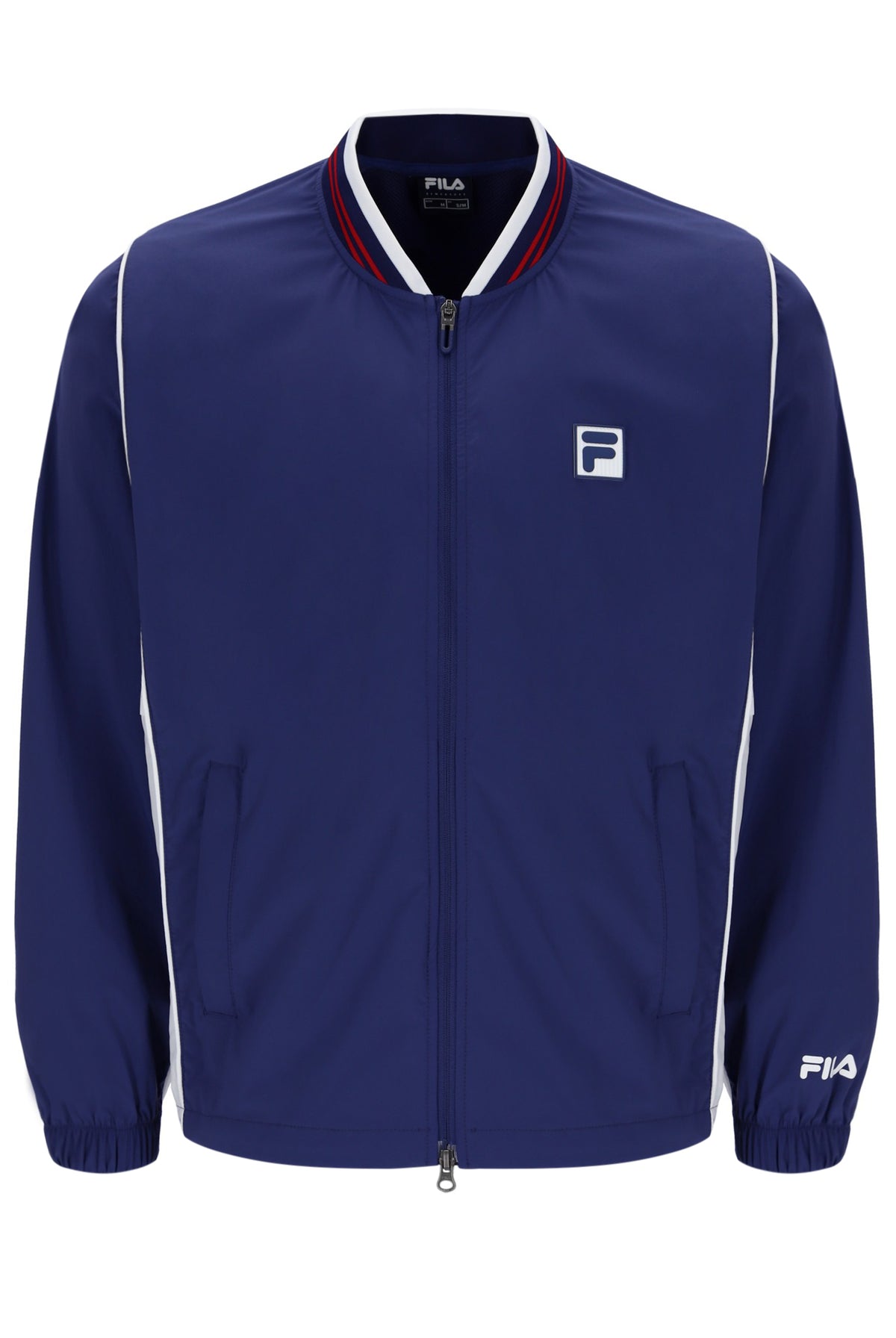 Displays the Navy 'FILA' branded Unisex Tennis Warm-Up Jacket
