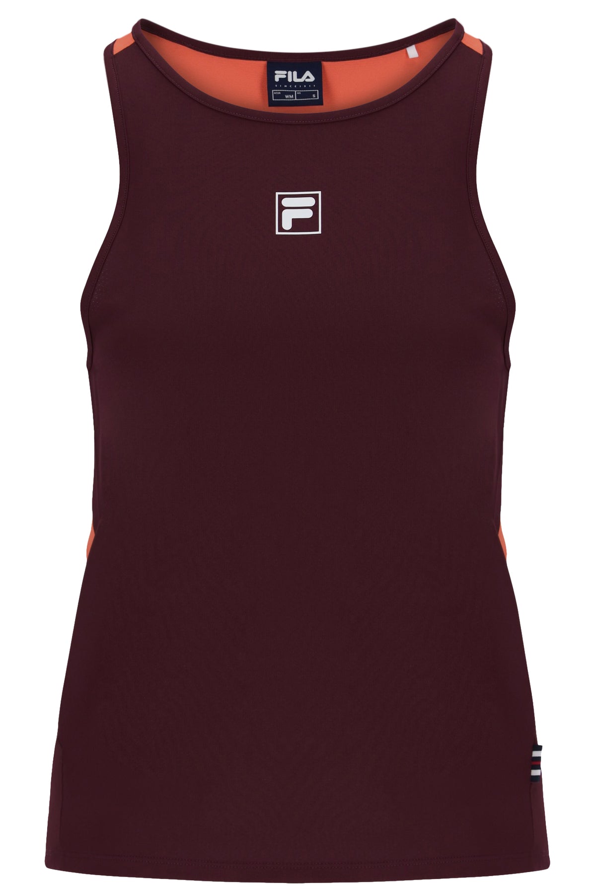 Displays the Wine 'FILA' branded Women’s Sleeveless Tennis Top