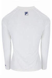 Displays the Off White 'FILA' branded Women’s Long Sleeve Tennis T-Shirt