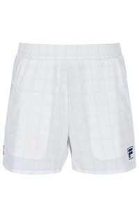 Displays the Pattern White 'FILA' branded Men’s 5" Tennis Shorts