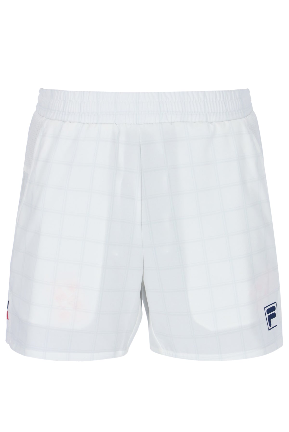 Displays the Pattern White 'FILA' branded Men’s 5" Tennis Shorts