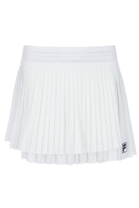 Displays the 'FILA' branded Off White Women’s Pleated Wrap Tennis Skirt