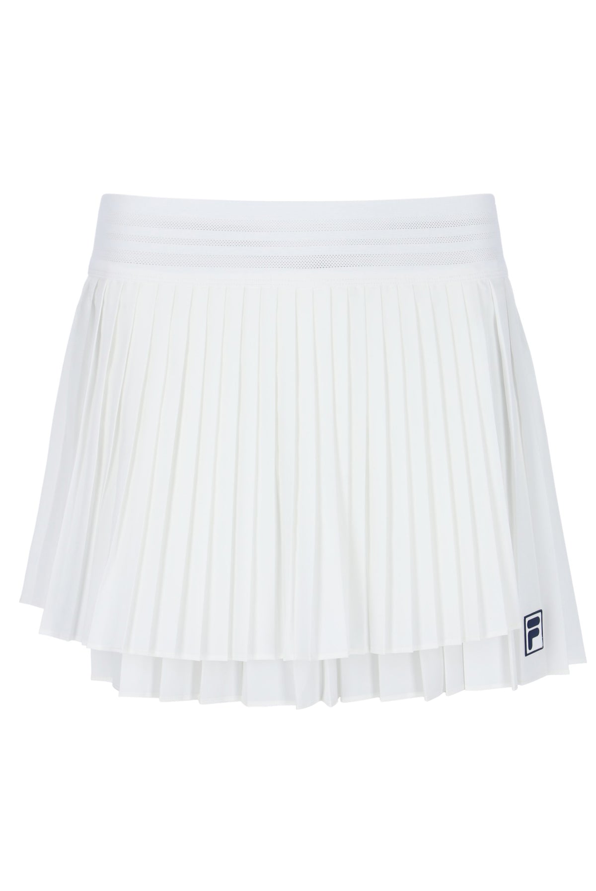 Displays the 'FILA' branded Off White Women’s Pleated Wrap Tennis Skirt