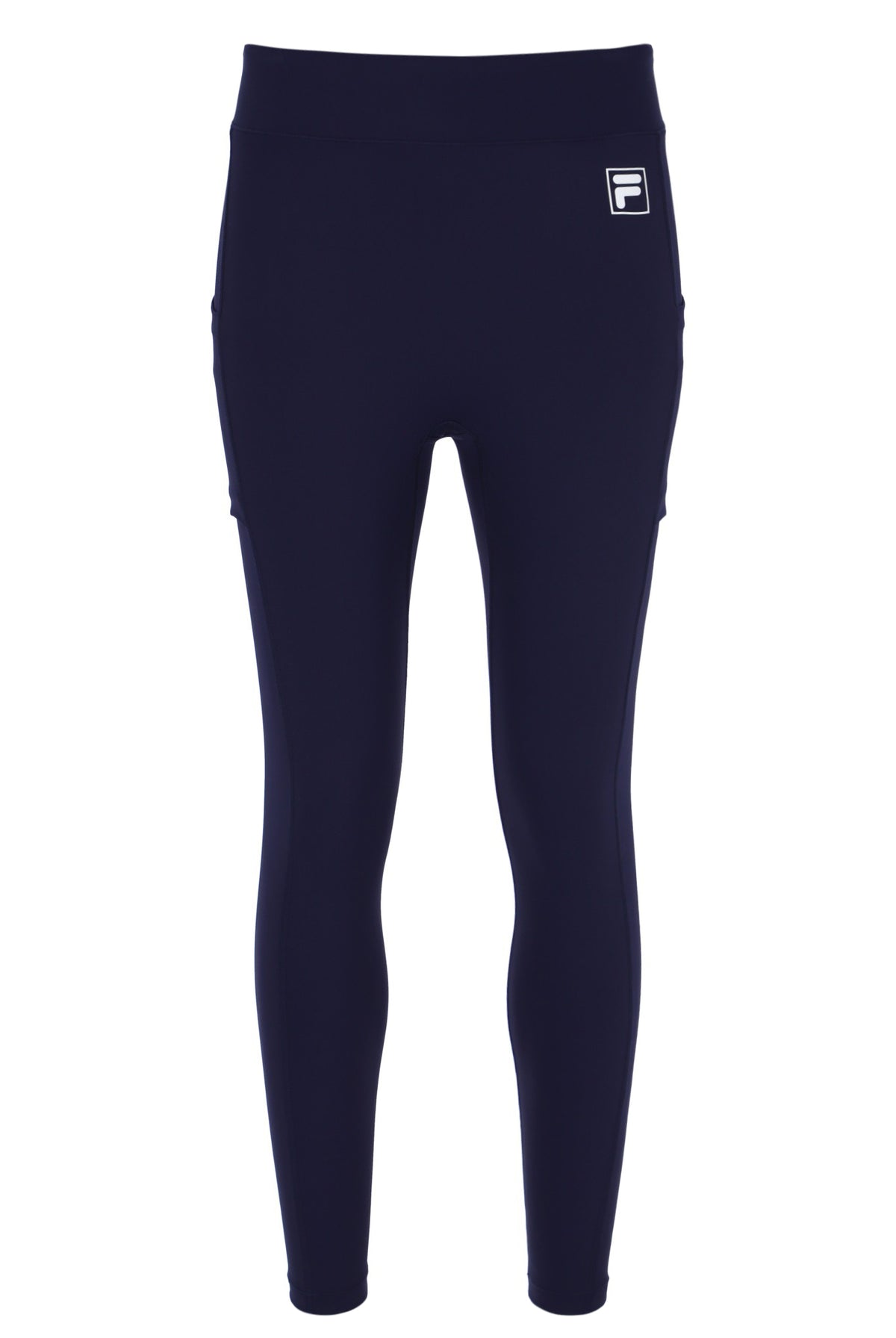 Displays the Dark Navy 'FILA' branded Women’s Tennis Leggings