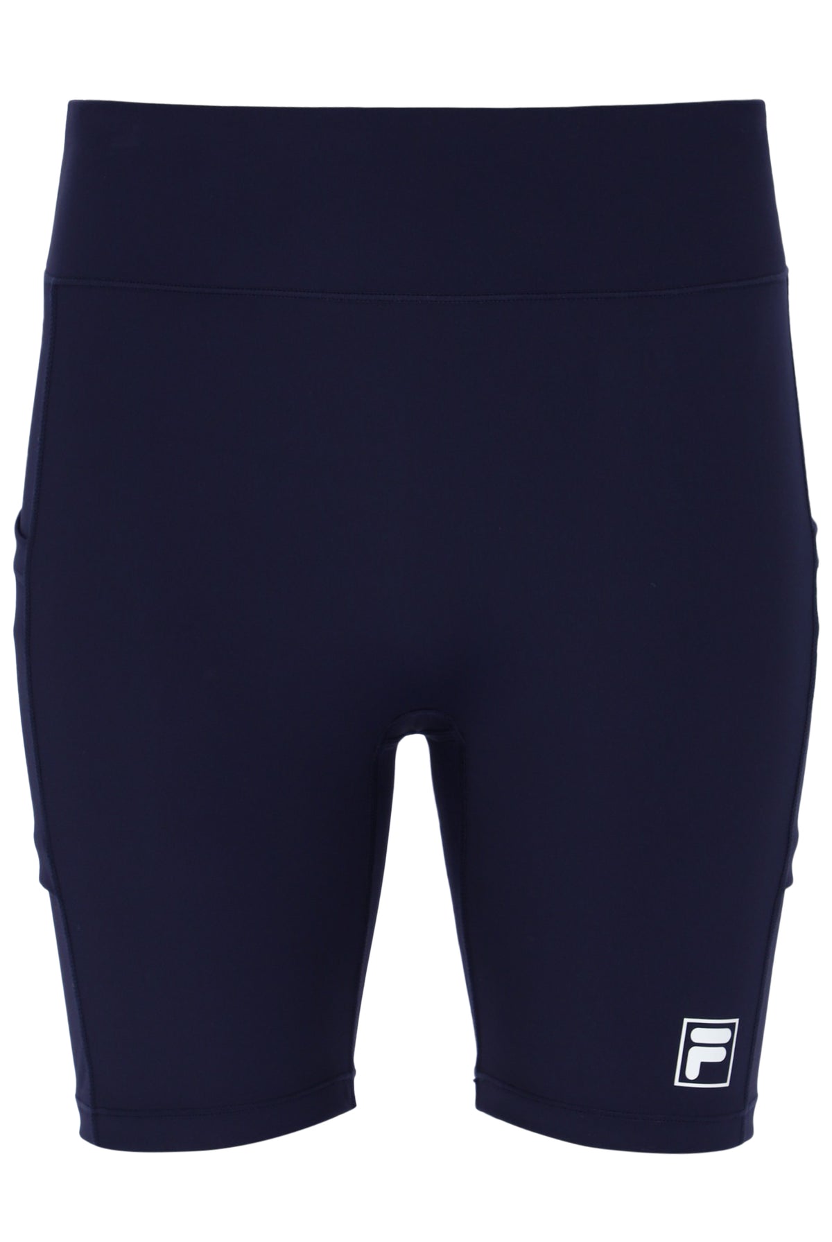 Displays the Dark Navy 'FILA' branded Women’s Tennis Bike Shorts