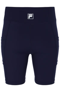 Displays the Dark Navy 'FILA' branded Women’s Tennis Bike Shorts
