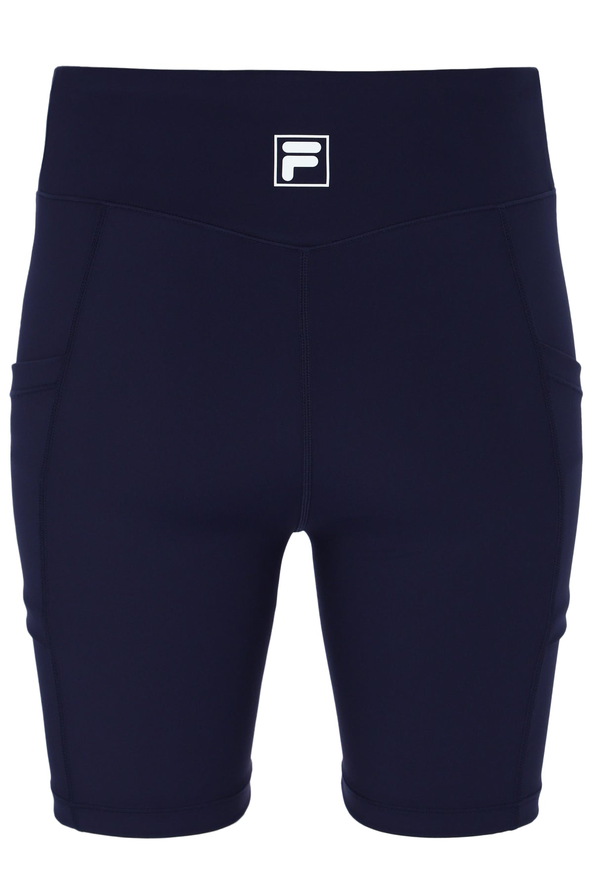Displays the Dark Navy 'FILA' branded Women’s Tennis Bike Shorts