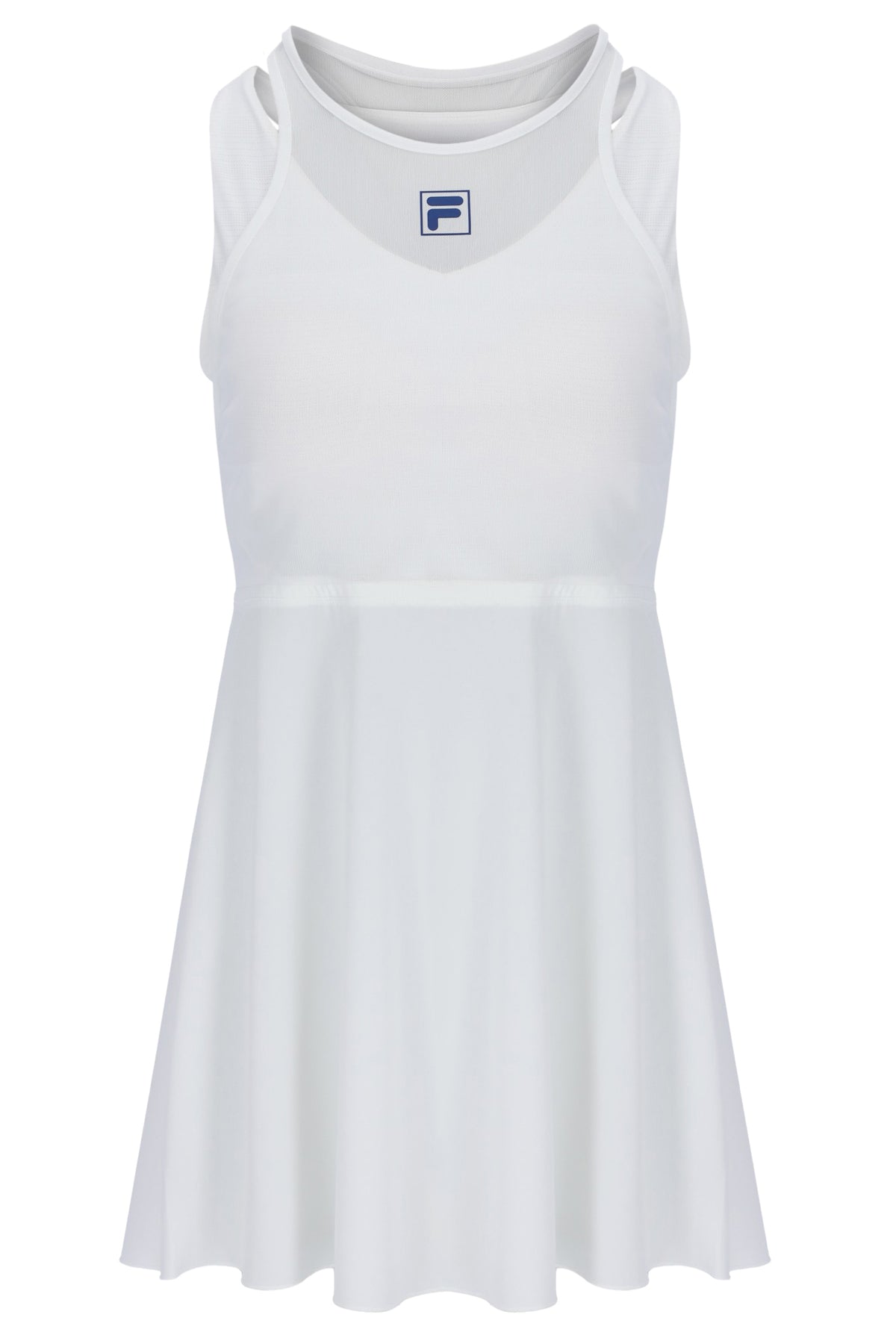 Displays the Off White 'FILA' branded Women’s Mesh Jersey Dress with Inner Shorts