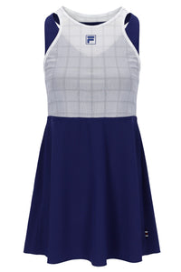 Displays the Navy 'FILA' branded Women’s Mesh Jersey Dress with Inner Shorts