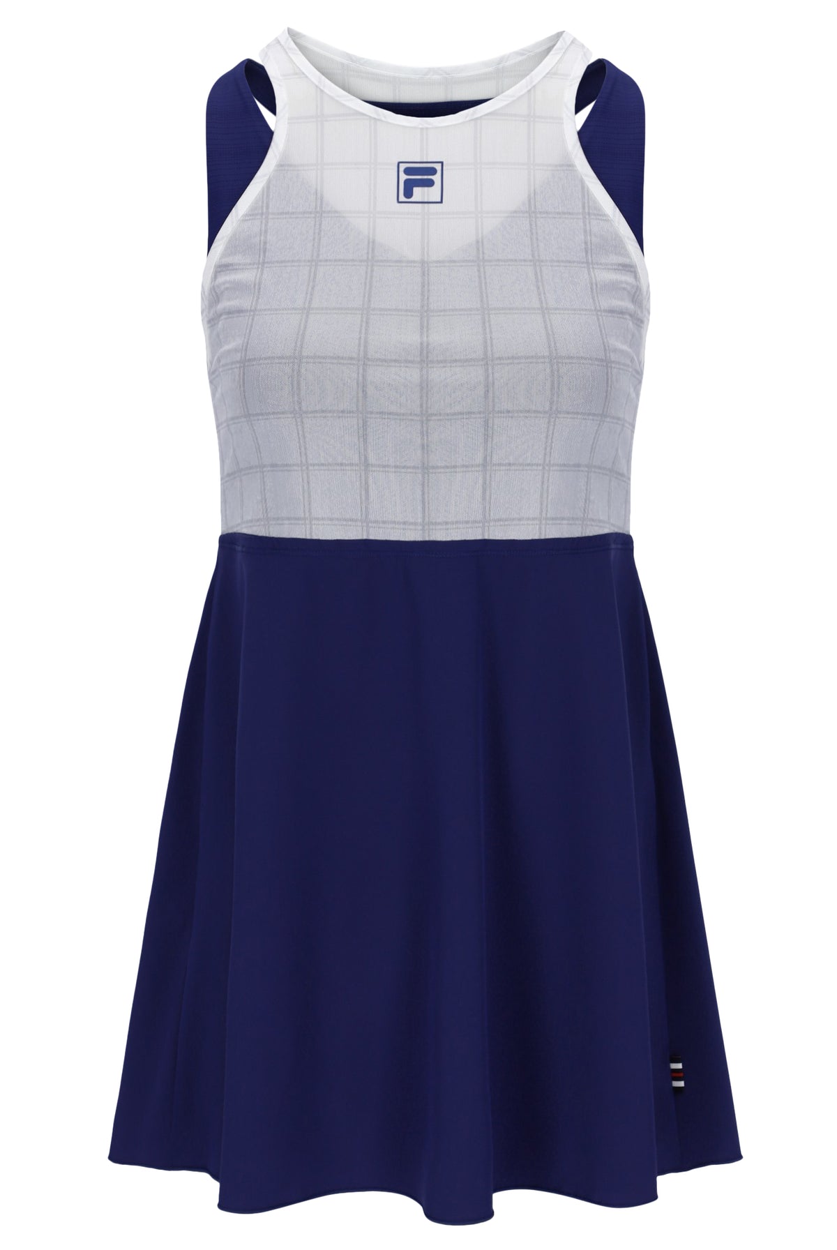 Displays the Navy 'FILA' branded Women’s Mesh Jersey Dress with Inner Shorts