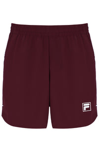 Displays the Wine 'FILA' branded Men’s 7" Tennis Shorts