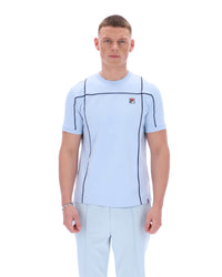 Displays a model wearing the Skyway 'FILA' branded Terri T-Shirt with Contrast Piping