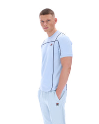 Displays a model wearing the Skyway 'FILA' branded Terri T-Shirt with Contrast Piping