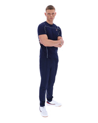 Displays a model wearing the Navy 'Fila' Terri T-Shirt with Contrast Piping