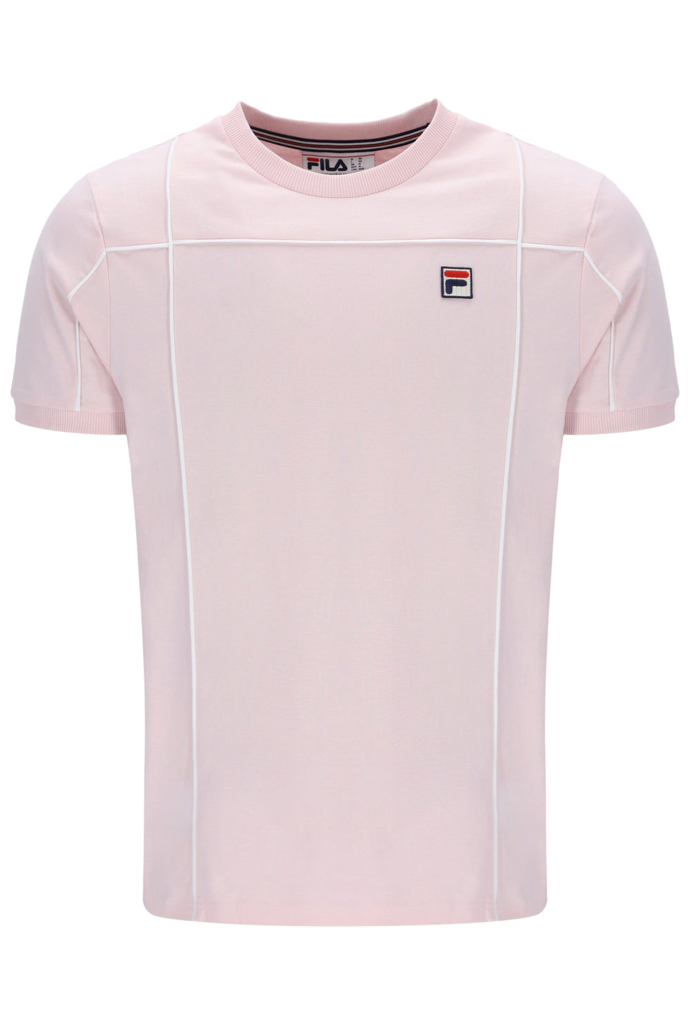 Pink t-shirt with a small FILA logo on a white background