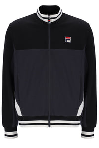 Black track jacket with a brand logo on a white background
