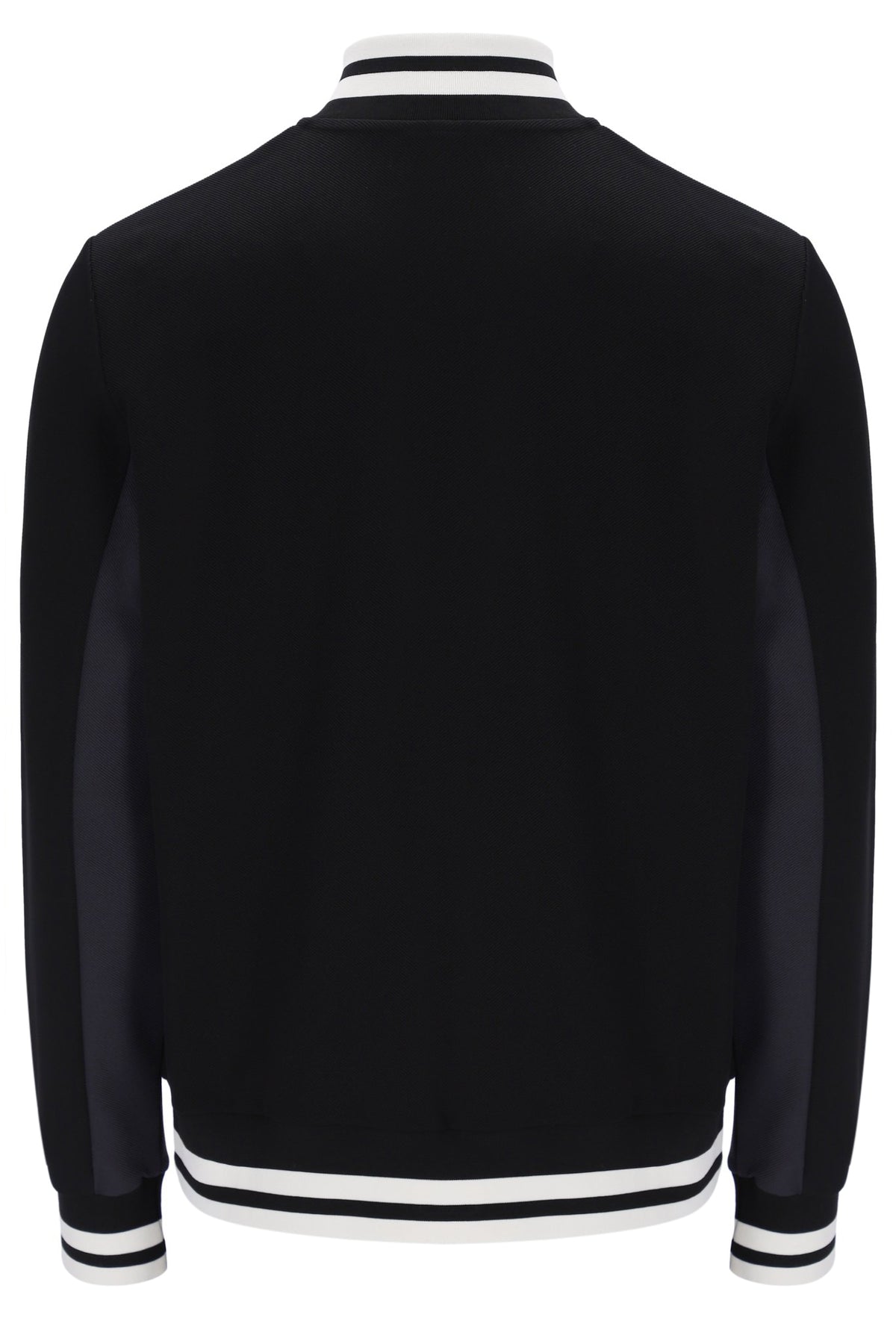 Black varsity jacket with white and black striped trim on a white background