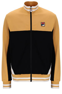 Two-tone beige and black jacket with a FILA logo on the chest, against a white background