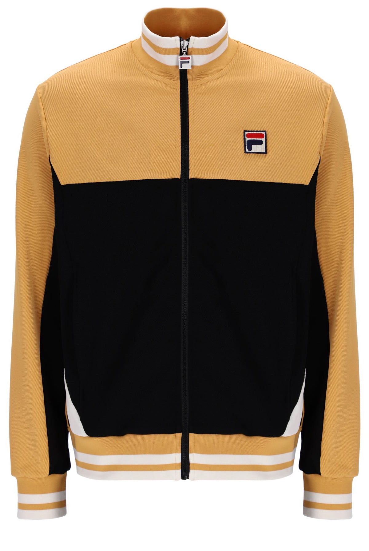 Two-tone beige and black jacket with a FILA logo on the chest, against a white background