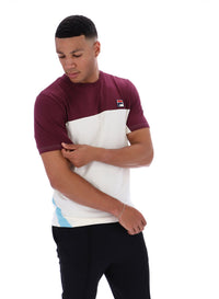 Displays a model wearing Fig Tiebreaker 'FILA' branded Colour Block T-Shirt